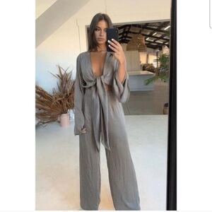 SNDYS Tie-Front Wide Leg Jumpsuit - Taupe
